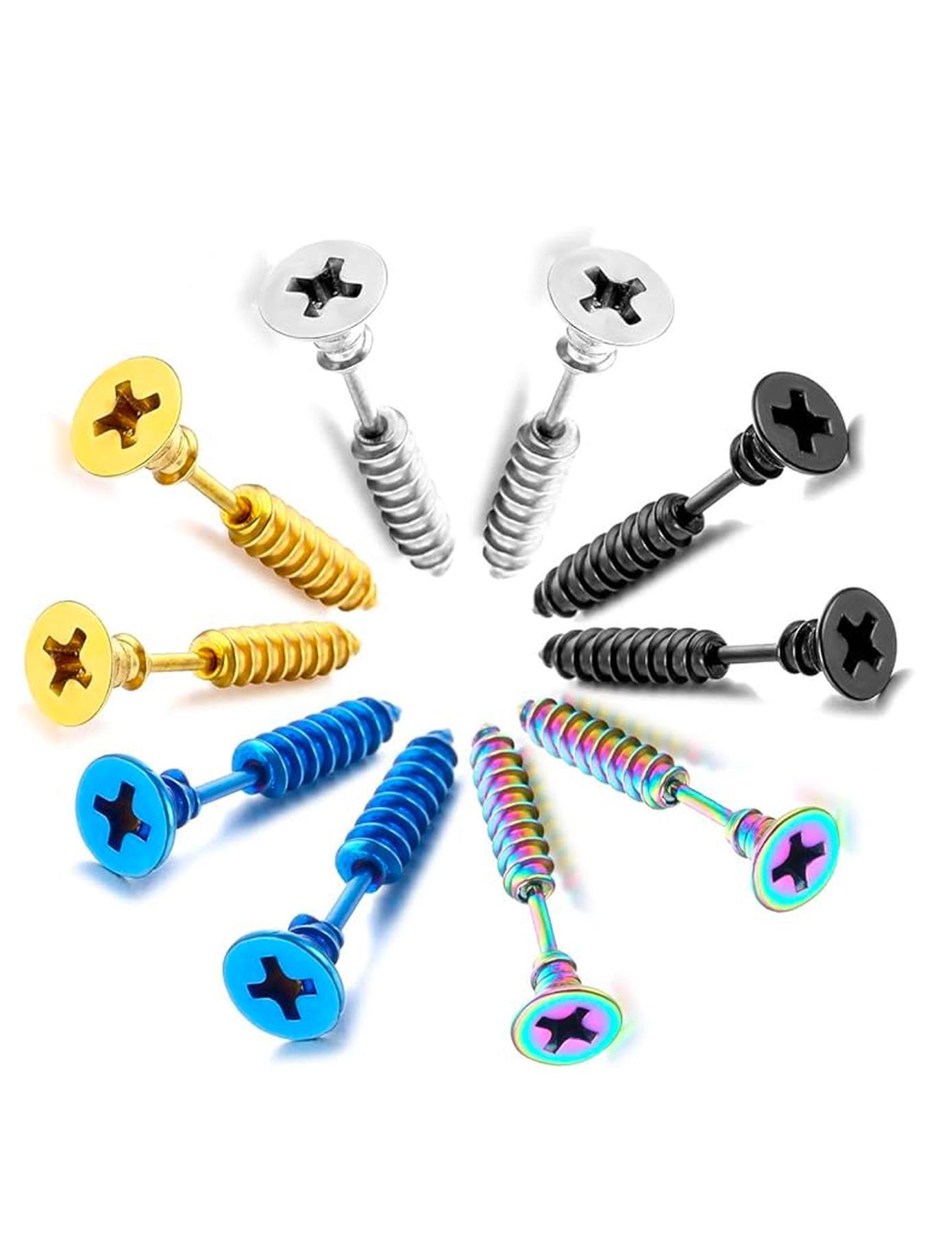Unisex Stainless Steel Screw Ear Studs & Safety Pin Earrings, Punk Hip-Hop Design, Hypoallergenic, Cool Grunge Style, Piercing Jewelry