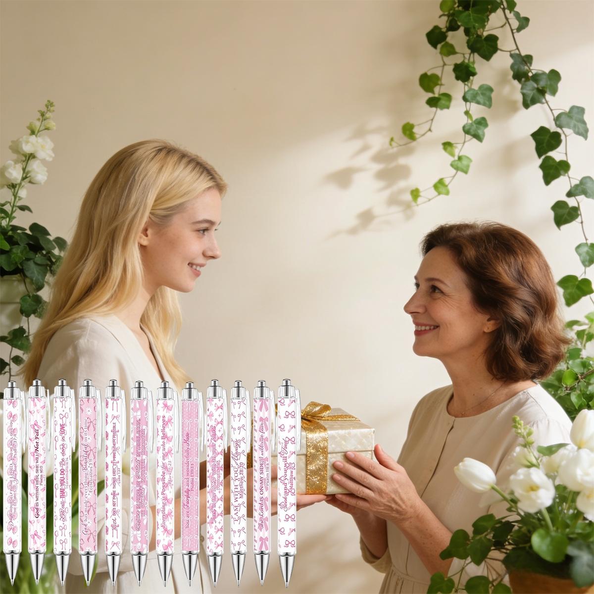 12/24 Pcs Christian Ballpoint Pens Bulk, Black Ink Ballpoint Pen, Christian Gift Pens, Inspirational Quotes Pink Bow, Smooth Writing Pens, for Office Supplies, Gift Pens, Colleagues, Teachers