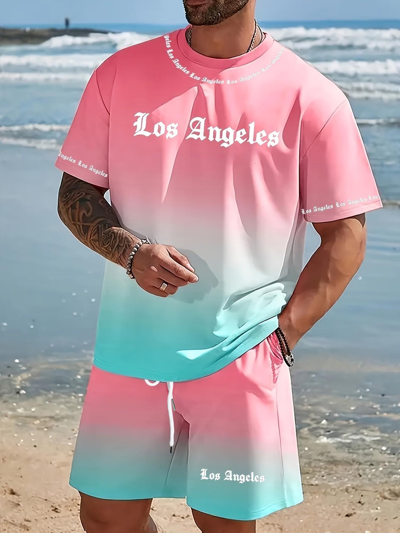 Men's Summer Set, Round Neck Short Sleeve T-Shirt + Elastic Waist Shorts, Los Angeles Print Gradient, Breathable Fabric, Outdoor & Party Wear