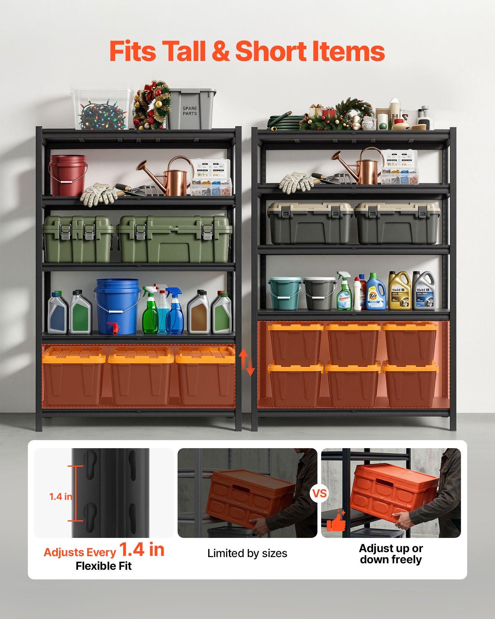 VEVOR Storage Shelves, 5-Tier Adjustable, 2500 lbs Capacity, Heavy Duty Garage Storage Shelving Unit, Metal Utility Rack Shelf, for Garage Warehouse Basement Kitchen, 48.43" W x 18.31" D x 71.38" H VEVOR Storage Shelves, 5-Tier Adjustable, 2500 lbs Capacity, Heavy Duty Garage Storage Shelving Unit, Metal Utility Rack Shelf, for Garage Warehouse Basement Kitchen, 48.43" W x 18.31" D x 71.38" H