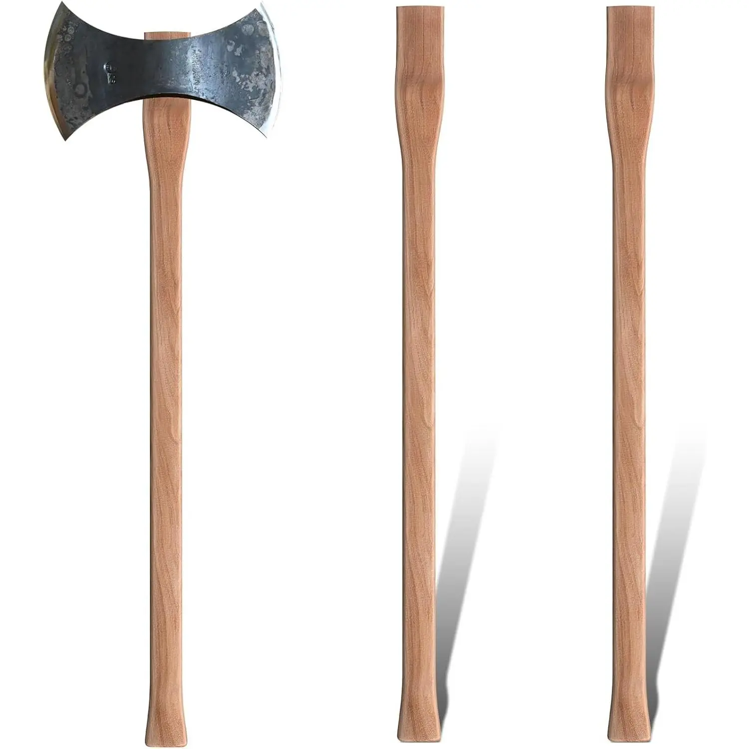 2 Pcs 36 Inches Double Bit Axe Handle Replacement Hickory Wood Axe Maul Handle, Complete Set with Wooden and Iron Wedges for Double Bit Hatchet