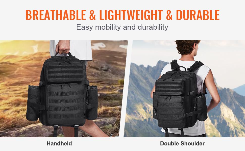 Tactical Backpack, 45L Military Tactical Backpack with Molle Design 3 Compartments, Army Assault Pack Bag for Men and Women, Range Gear Backpack for Outdoor Adventure, Hiking, Hunting, Black