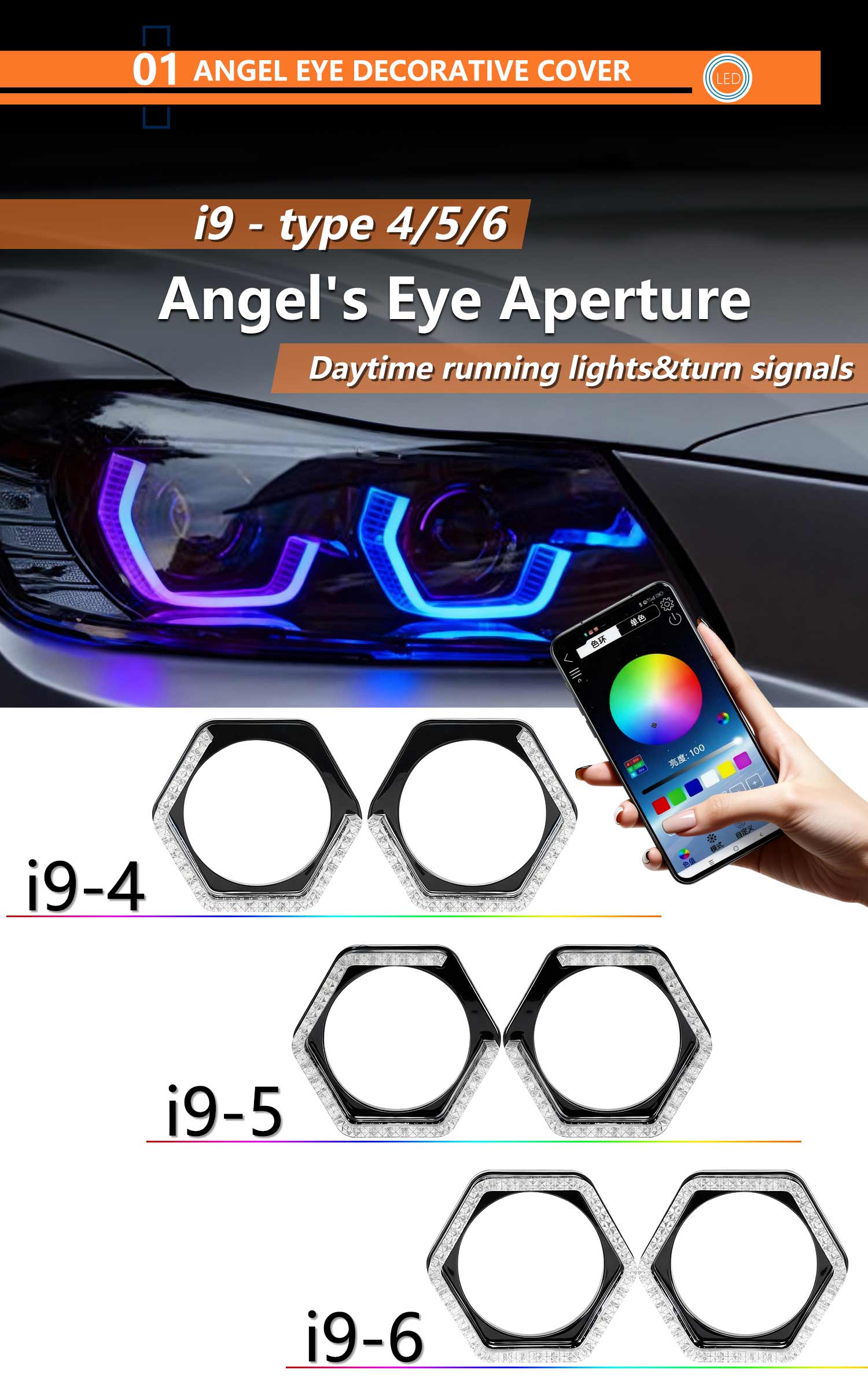 2PCS 5D RGB Angel Eyes Halo Rings Lights with Turn Signal Lights APP Bluetooth LED Motorcycle Retrofit DRL Car Headlight