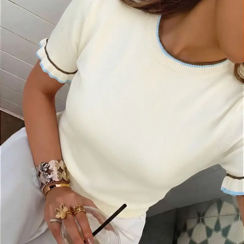 Women's Summer Casual Colorblock Ruffle Round Neck Short Sleeve Knit Cardigan Top, Stylish and Comfortable, Perfect for Daily Wear, Basic, Knitted