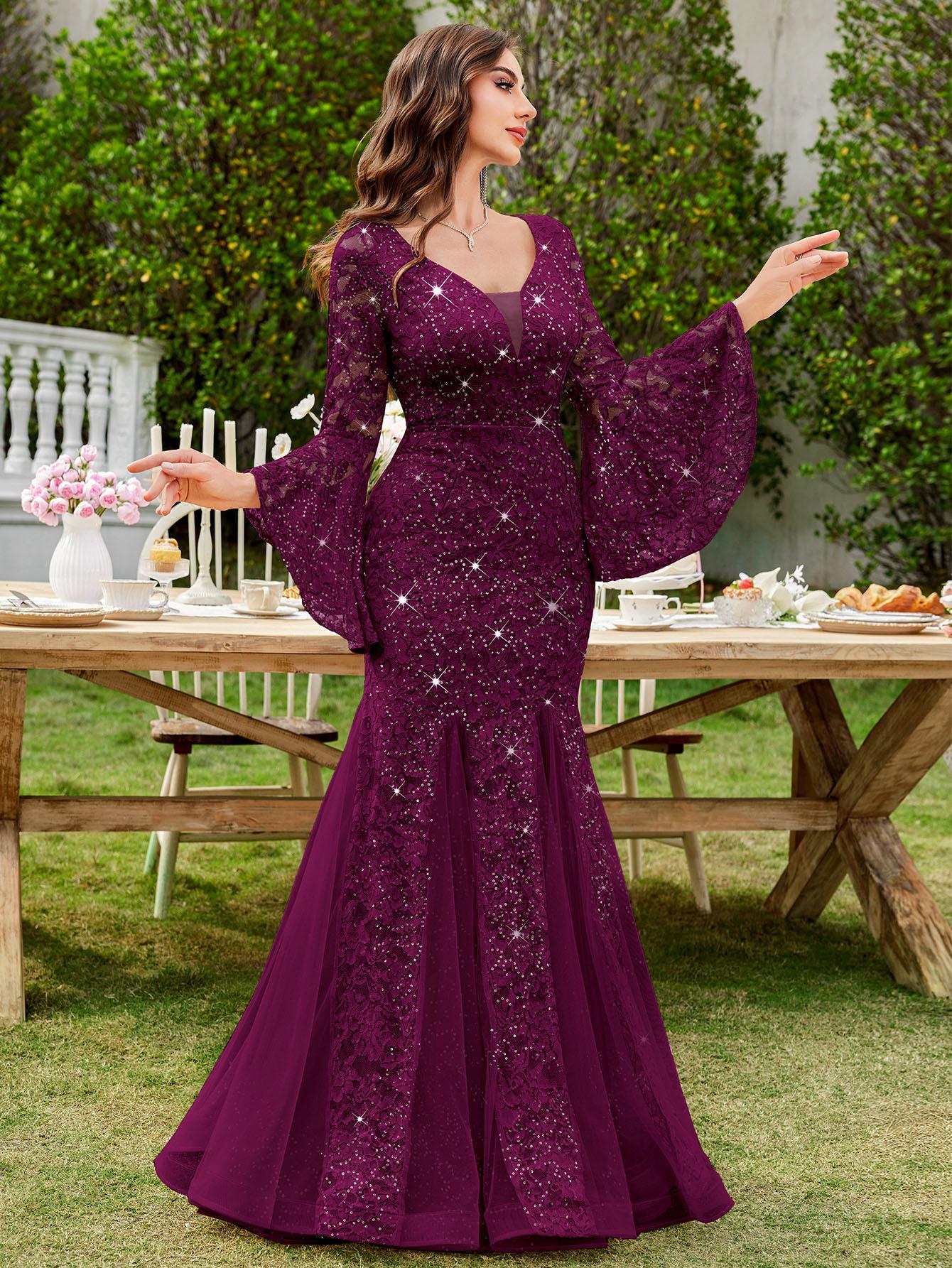 MIUSOL 24351A Women's Deep Vneck Sequin Lace Mesh Tulle Hem Long Sleeve Formal Evening Maxi Dress for Cocktail Parties & Banquets, Party, Festival Womenswear MIUSOL 24351A Women's Deep Vneck Sequin Lace Mesh Tulle Hem Long Sleeve Formal Evening Maxi Dress for Cocktail Parties & Banquets, Party, Festival Womenswear