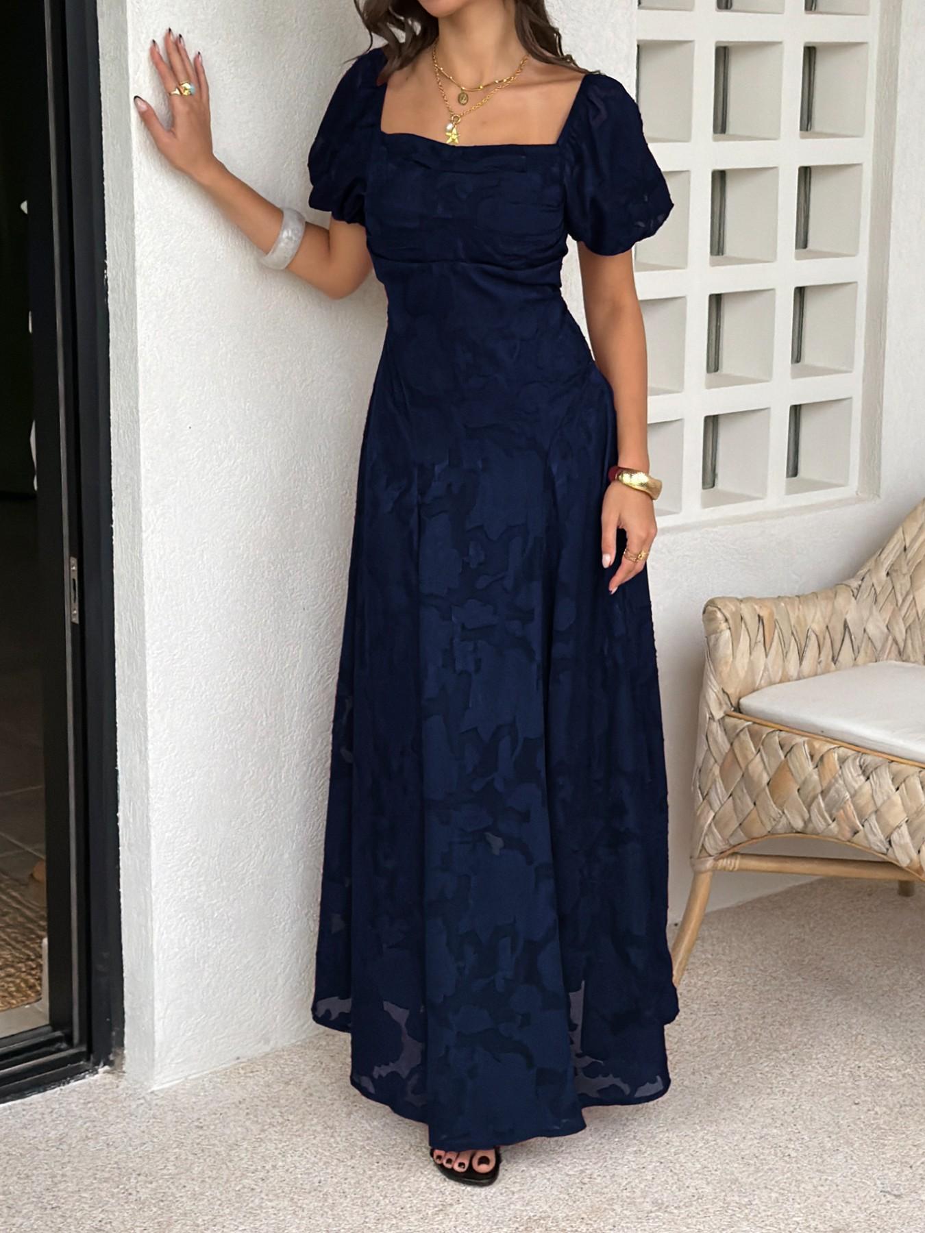 Pure Color Jacquard Square Neck Bubble Sleeve Dress, Back Crossed Tie French Vintage Wedding Banquet Atmosphere Dress