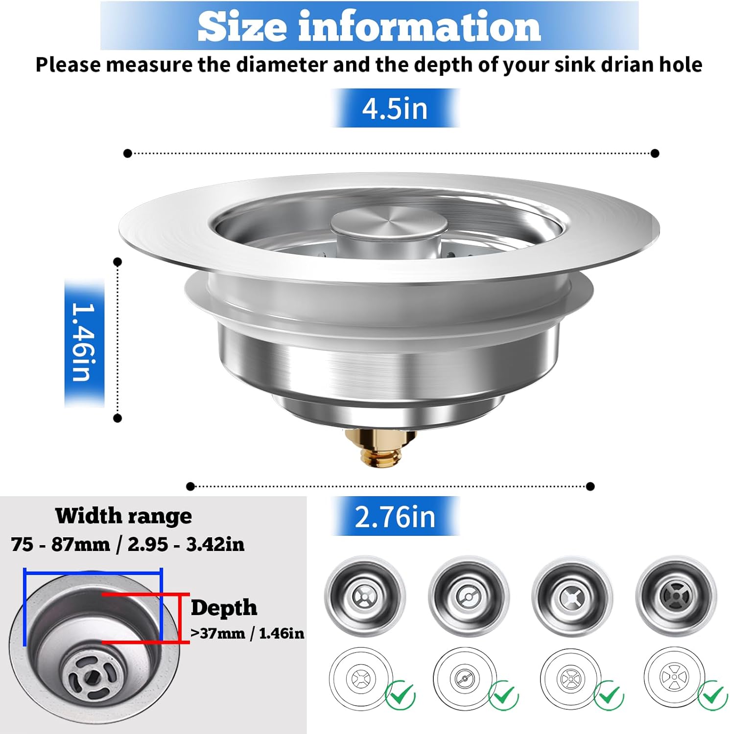 3 in  Sink Drain Strainer,Universal Stainless Steel Kitchen Sink Stopper,  Up Anti-Clogging for 3-1/2 Inch US Standard Sink Drain Strainer ,Deals for you days
