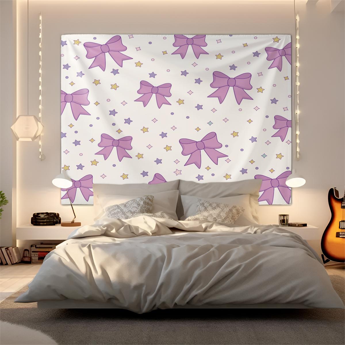 Purple Bow Tapestry, Cute Star Print Wall Hanging, Aesthetic Tapestries Wall Blanket, Coquette Room Decor Backdrop Decor, Soft Fabric Wall Art for Bedroom Living Room Dorm
