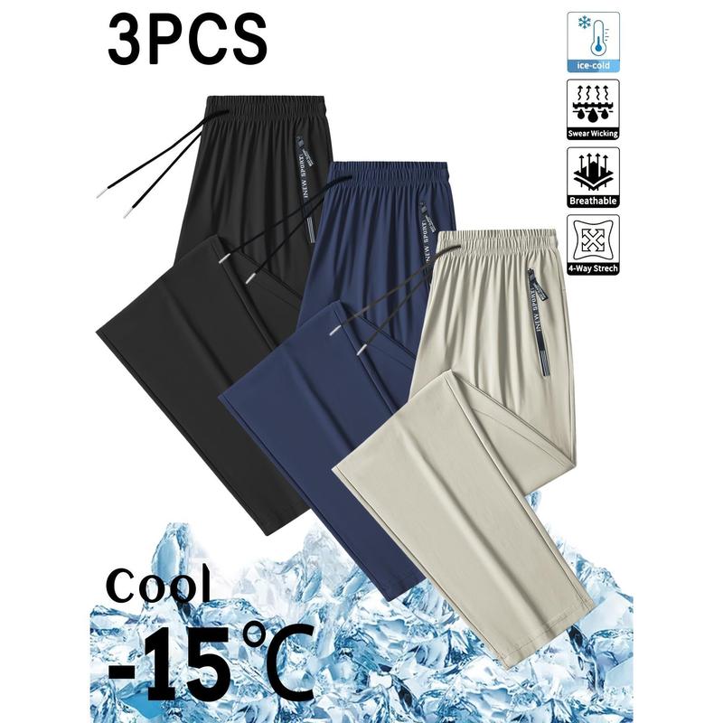 Men's Plus Size 3-Piece Joggers Set - Sporty Chic Solid Ice Silk Outfit with Pockets, 82.1% Polyester 17.9% Spandex Blend, Lightweight Breathable Quick Dry, Machine Washable Summer Sports Wear, Comfortable Fit