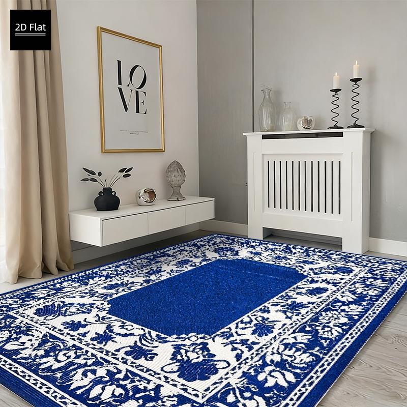 1pc Rectangular Blue Outdoor Rug, Waterproof Sunscreen Non-Slip Back, Velvet Camping RV Patio, Artistic Pattern, Indoor Outdoor Use