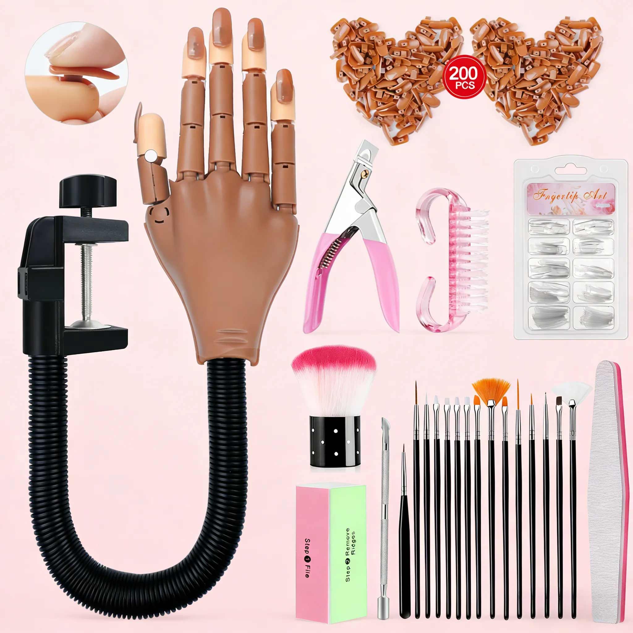 Practice acrylic nails hand, flexible and movable fake hand, nail art training hand nail set, movable nail hand, includes 200 nail tips, nail glue, cleaning brush, and nail clipper, suitable practice tool for beginners, professional tool for nail salons