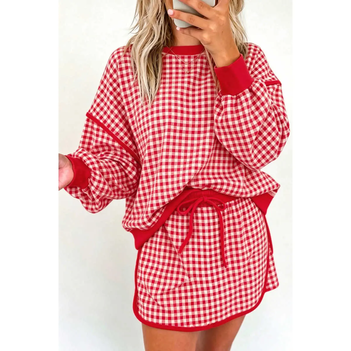 Red Gingham Oversized Ribbed Trim Crew Neck Long Sleeve Top and Skort Set