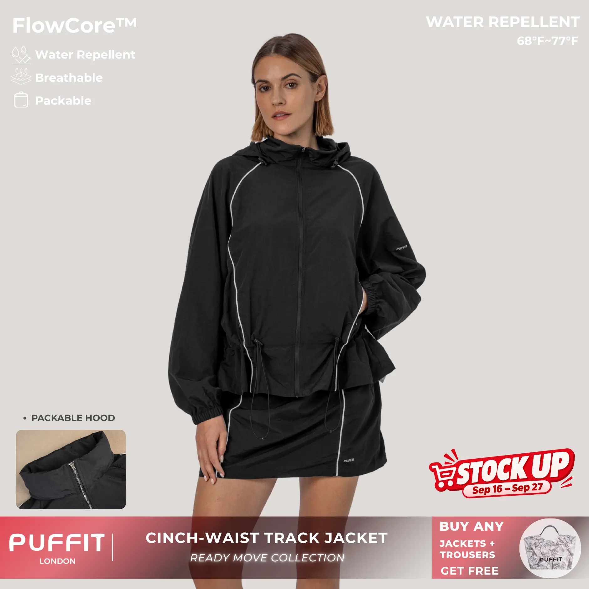 PUFFIT FlowCore Water Repellent Full-Zip Track Jacket with Cinch Waist and Packable Hood,Loose Fit,Windproof,Breathable,Packable,Lightweight,Outdoor Jacket,Spring Autumn,Casual Daily,Running,Hiking,Travel,Shopping,2026