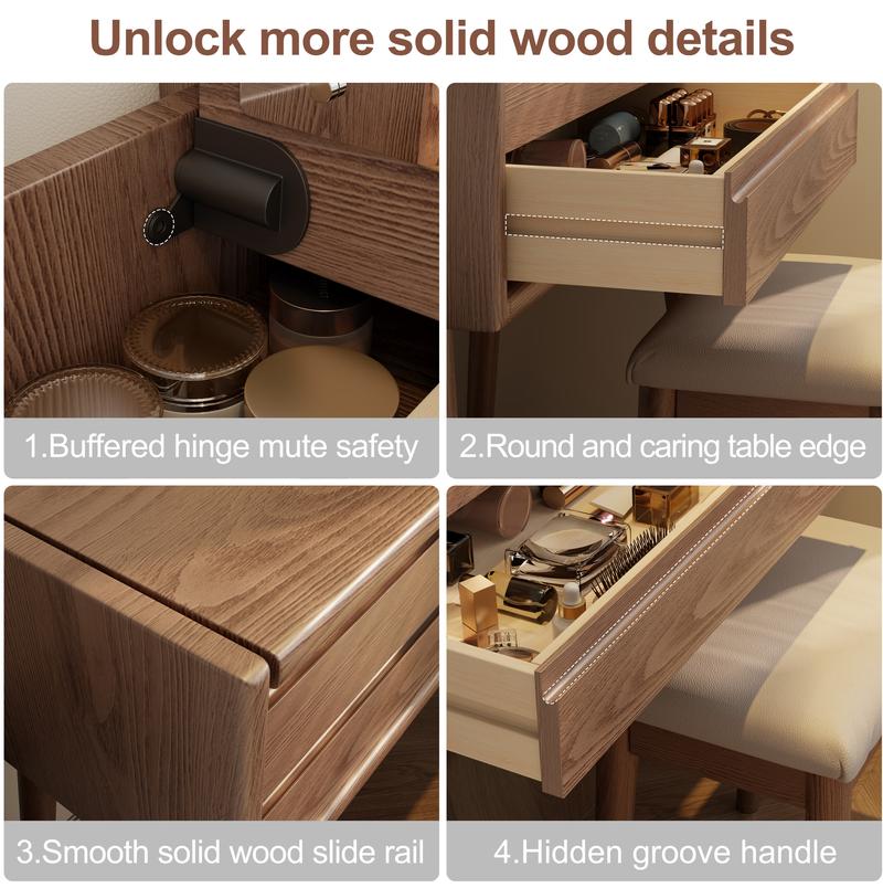 【Eco-Friendly】Elegant Handicraft Vanity, 100% Solid Wood - NO MDF, with Mirror and Lights, Dressing Vanity Table, Large Wooden Make Up Vanity Table for Bedroom (with Adapter)