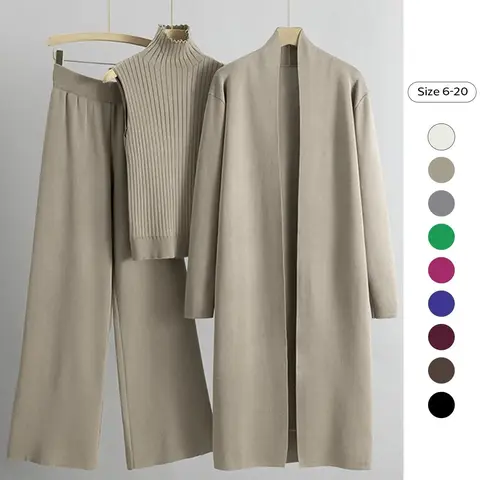 Trendy Knit Soft Turtle Neck Tank Top & Wide Leg Trousers with Open-front Long Cardigan Three-piece Loose Minimalist Basic Clothes Sets, Fashion Style Sets, Casual Womenswear, Long Sleeve, Pants