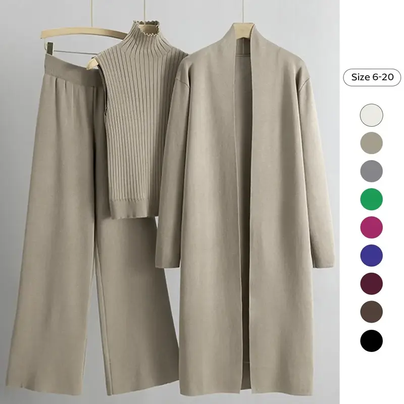 Trendy Knit Soft Turtle Neck Tank Top & Wide Leg Trousers with Open-front Long Cardigan Three-piece Loose Minimalist Basic Clothes Sets, Fashion Style Sets, Casual Womenswear, Long Sleeve, Pants