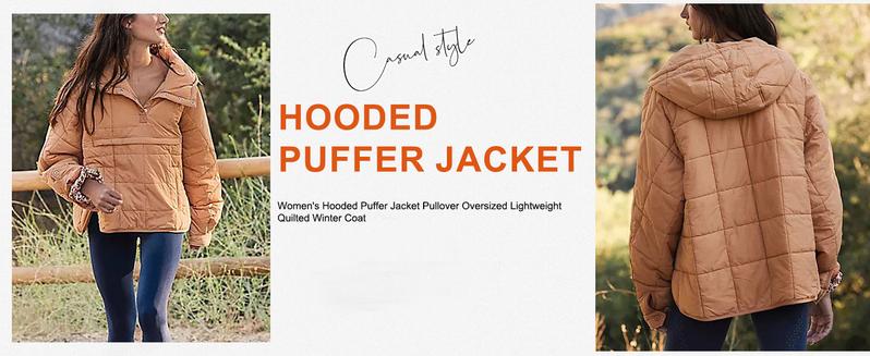 UANEO Women's Oversized Puffer Jacket with Hood, Lightweight Quilted Pullover Hoodie, Dolman Long Sleeve Warm Fall Winter Coat Outerwear Casual