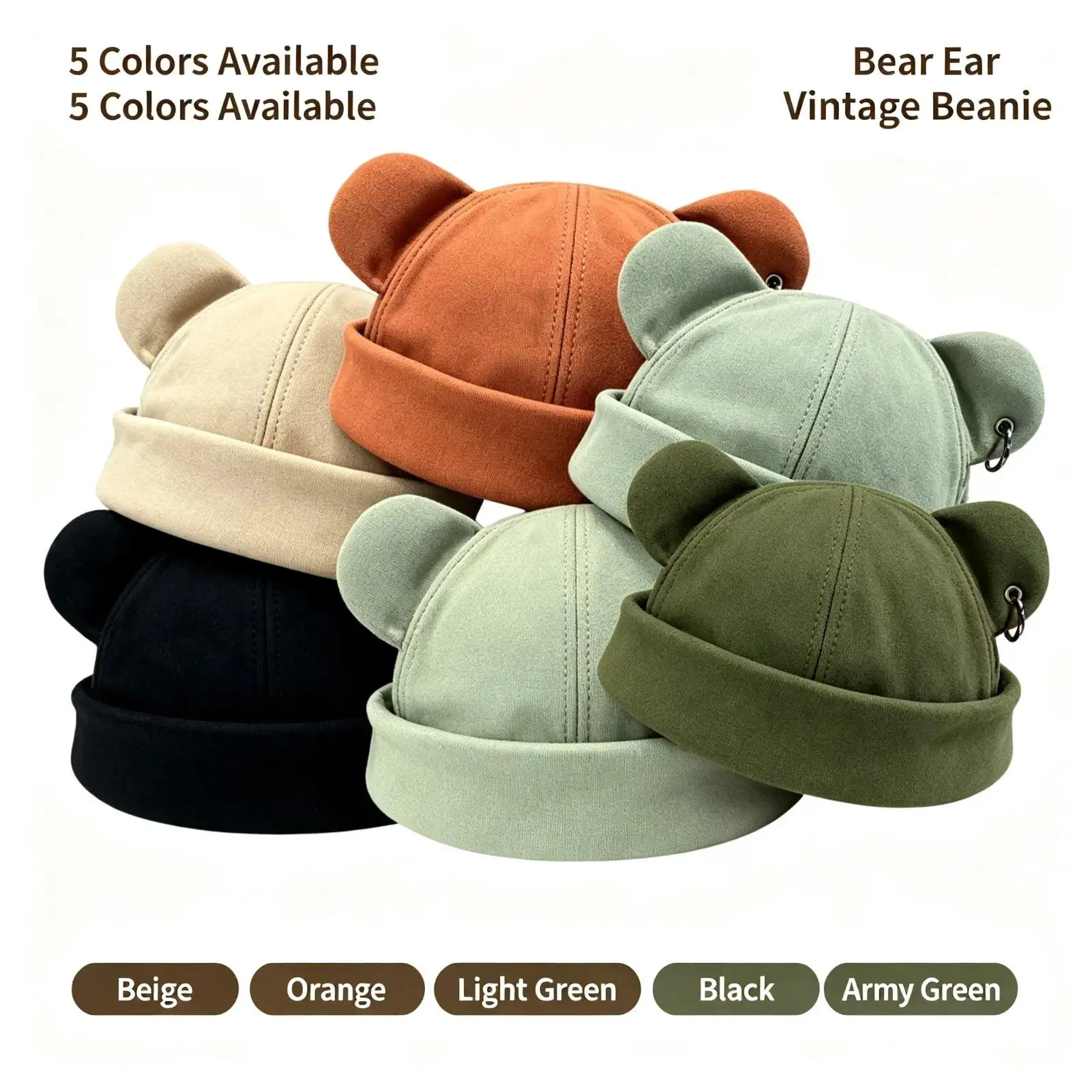 Unisex Bear Ear Brimless Cap with Rolled Cuff, Machine Washable, One Size Fits All, Casual Beanie Hat for Daily Errands Sports & Casual Outings