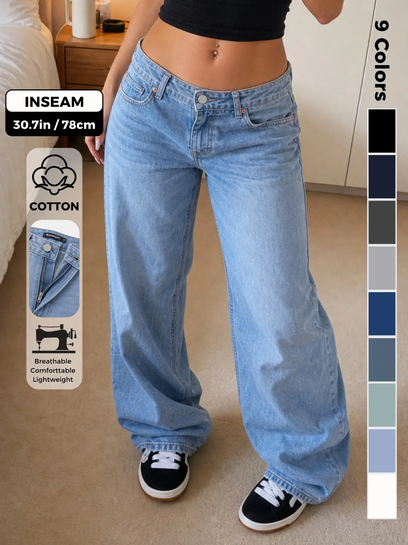 Low Rise Baggy Jeans for Women Y2K Vintage Wide Leg Loose Fit Straight Denim Pants Casual Trousers