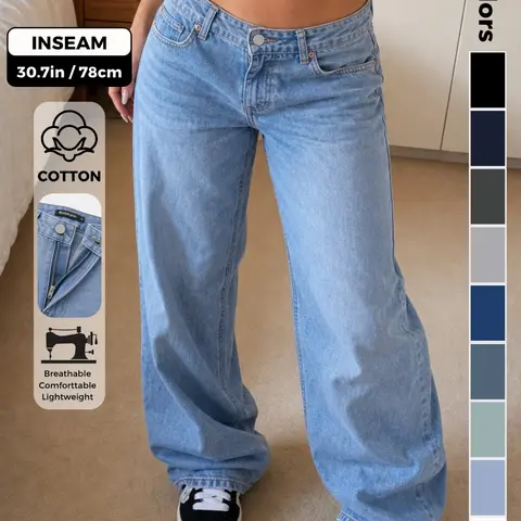 Low Rise Baggy Jeans for Women Y2K Vintage Wide Leg Loose Fit Straight Denim Pants Casual Trousers