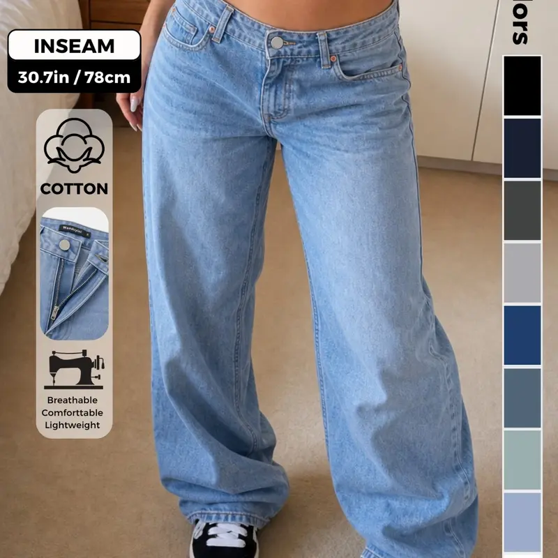 Low Rise Baggy Jeans for Women Y2K Vintage Wide Leg Loose Fit Straight Denim Pants Casual Trousers