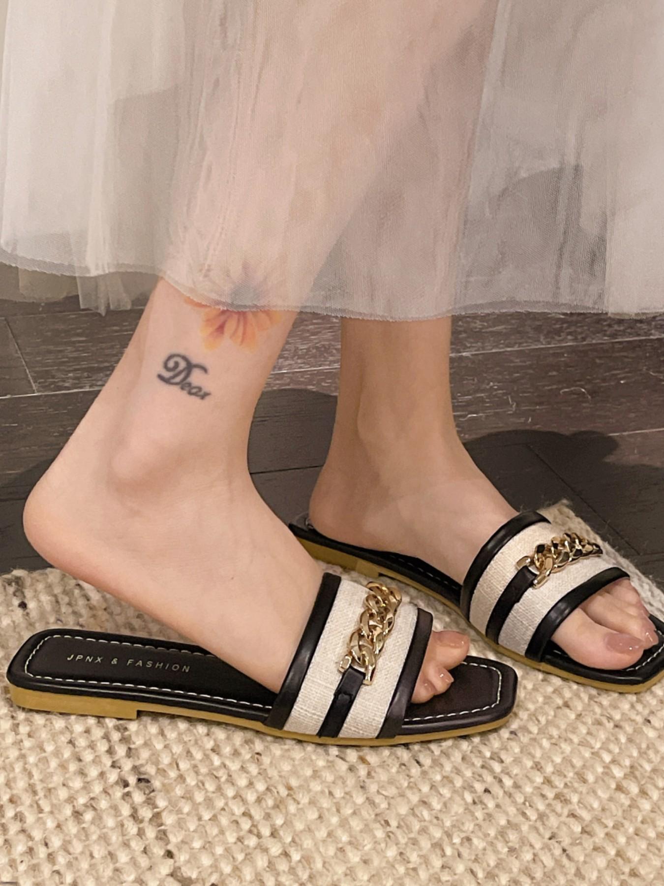 Women's Square Toe Sandals with Chain Decoration, Casual Flat Slip-On Shoes, Trendy Summer Fashion Footwear