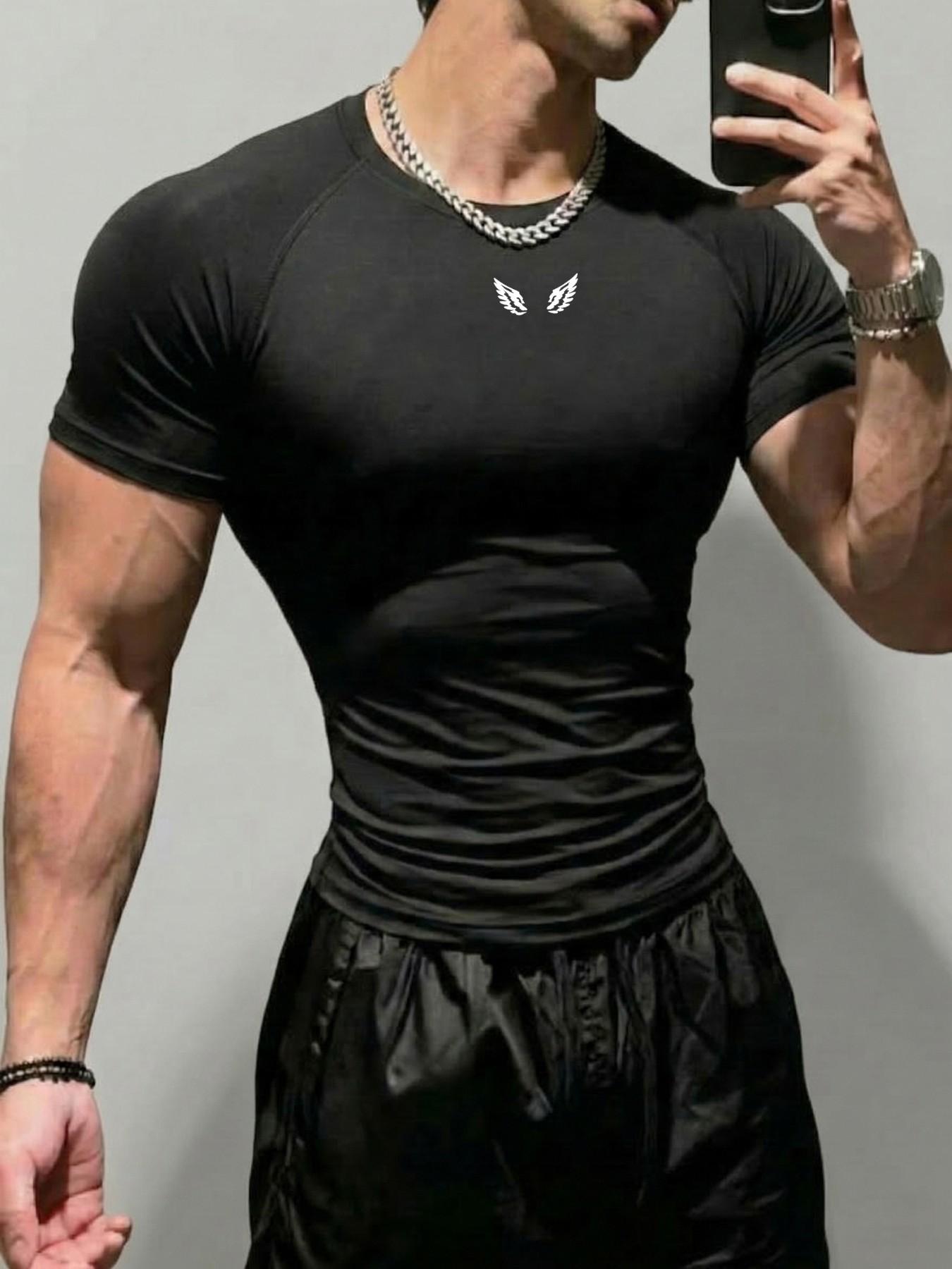 1pc Men's Muscle Fit T-Shirt Black Tight Compression Minimalist Wing Print Short Sleeve Gym Workout Bodybuilding Edgy Streetwear Summer Activewear Casual Fitness Top For Male Athletic Weightlifting Training Fitness Clothes Tops