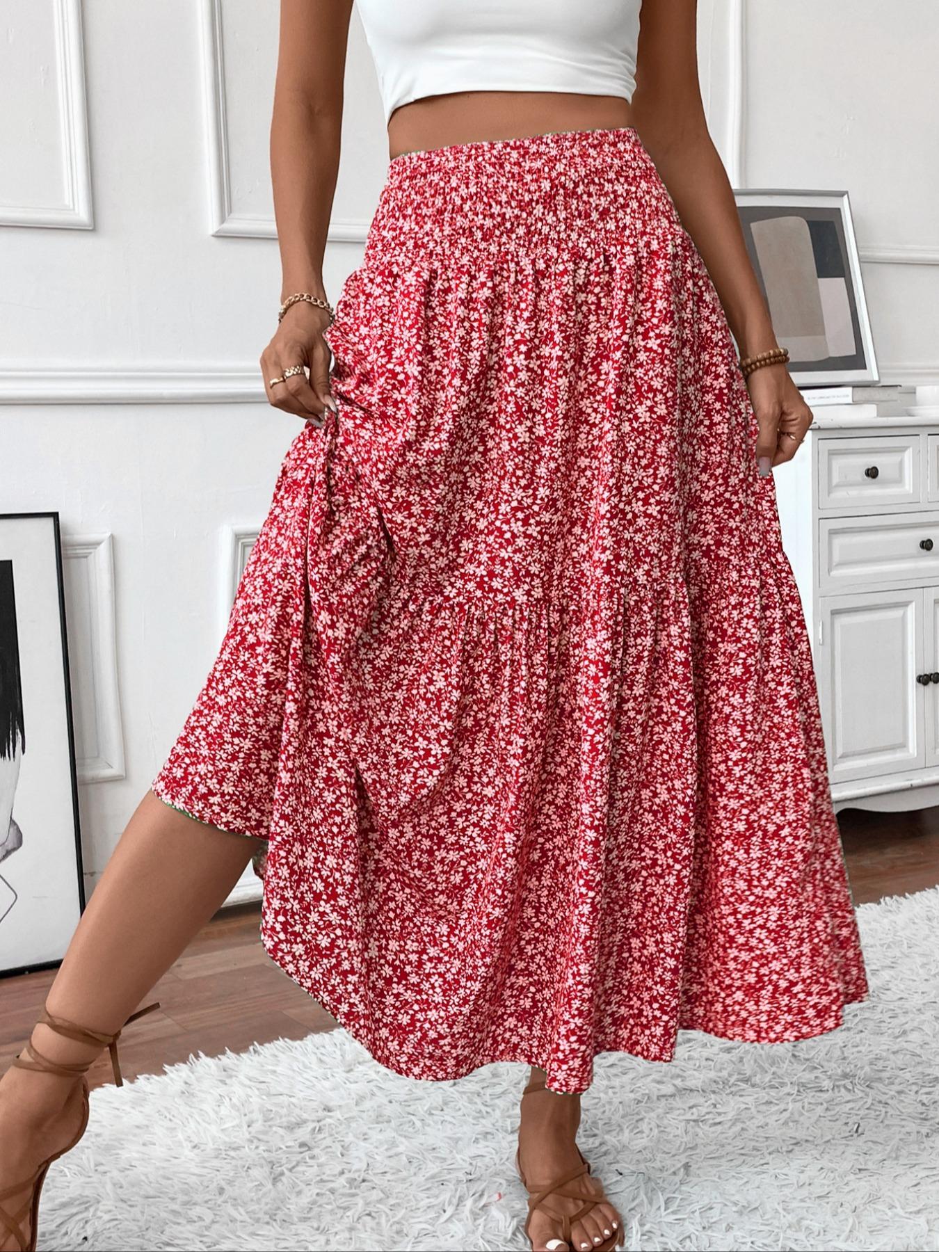 Women's Floral Casual A-Line Ruffled Skirt, Elastic Waist Pockets, Leaf Hem, Long Fitted Skirt, Fashionable Mid-Length Dress