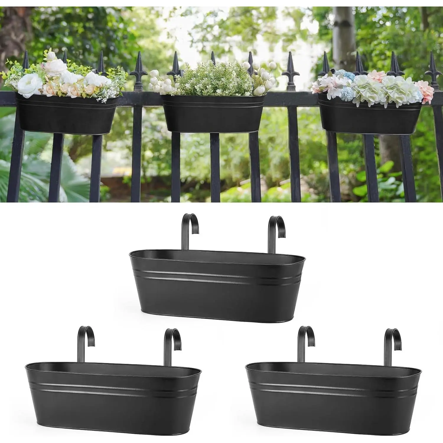 15 Inches Railing Planter Box 3 Pcs Metal Hanging Flower Pots, Black | 2.7" Width Detachable Hooks, Outdoor Planter, Fits Balcony Window Yard Garden Decor for Plant, Drainage Holes, Countryside