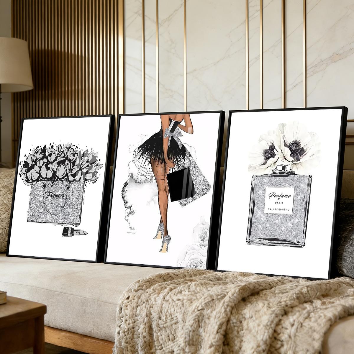 3 Counts Aluminum Alloy Framed Painting, Fashion Girl Perfume And Flower Art Prints, Home Decoration For Living Room, Bedroom, Office, Restaurant, Hallway Wall Decor, Odorless Print Artwork, Luxury Perfect Gift For Friends And Family