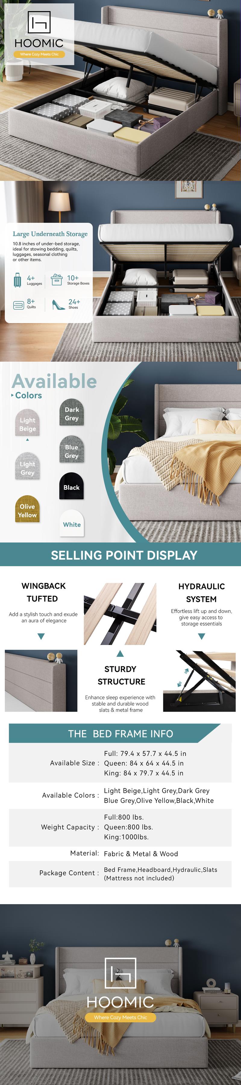 HOOMIC Lift-Up Storage Bed Frame【Frame Only No Mattress】- Modern Wingback Headboard with Hydraulic System & Upholstered Platform,Wood Slat Support,Light Beige/Grey/Yellow/Black/White,No Box Spring Needed,Full/Queen/King