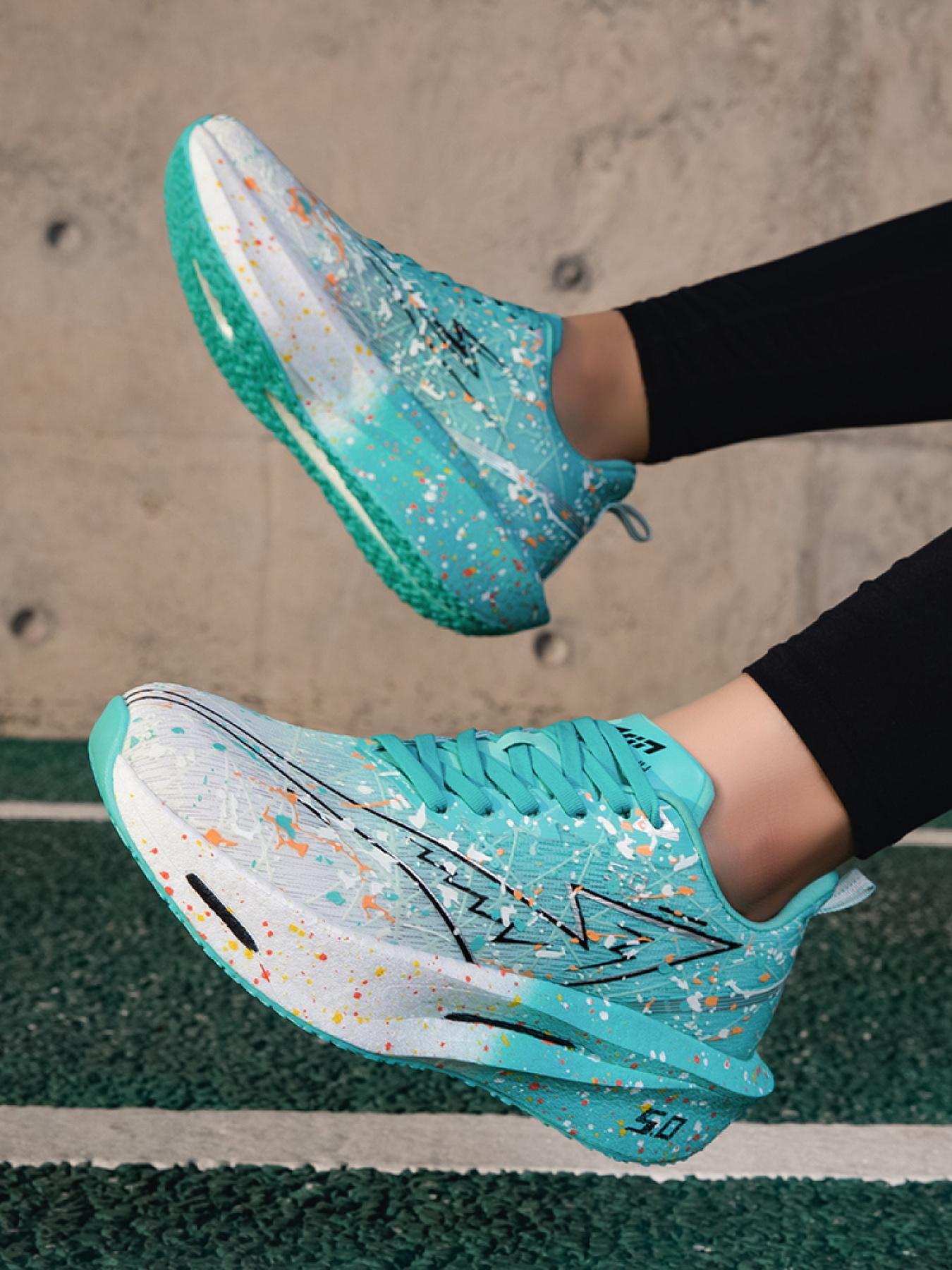 Unisex Teal-Orange Splatter Running Shoes: Carbon Plate Racing Design, Professional Running & Training Sneakers