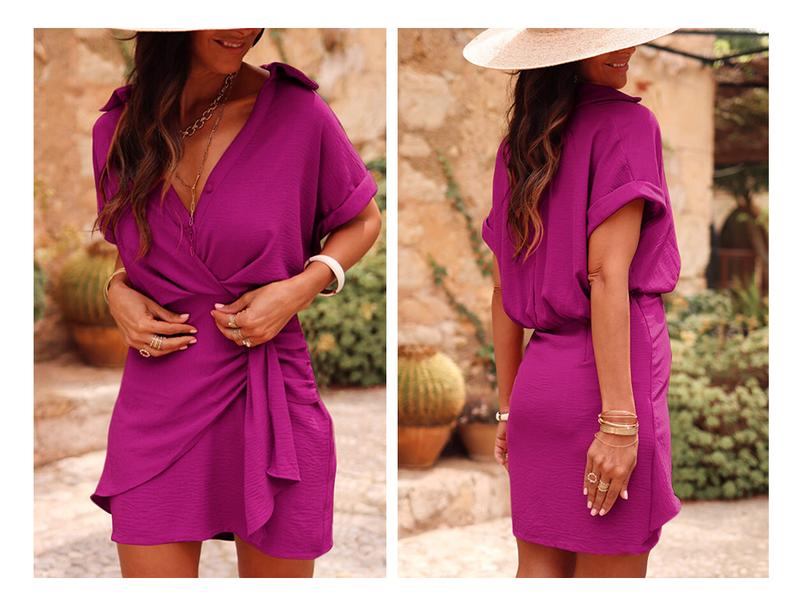 Asvivid Women‘s Summer Dresses Pleated and Waisted Basic Casual Shortsleeve Solid Color Button Front Dress Womenswear