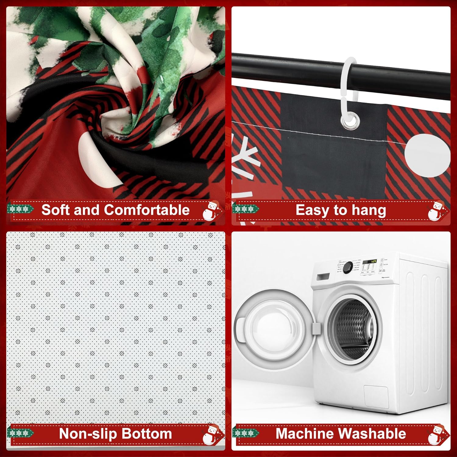 4 Pcs Christmas Shower Curtain Set Red Buffalo Plaid Bathroom Sets with Non-Slip Rugs Toilet Lid Cover Bath Mat with 12 Hooks Christmas Tree Shower Curtain for Xmas Winter Holiday Bathroom Home Decor