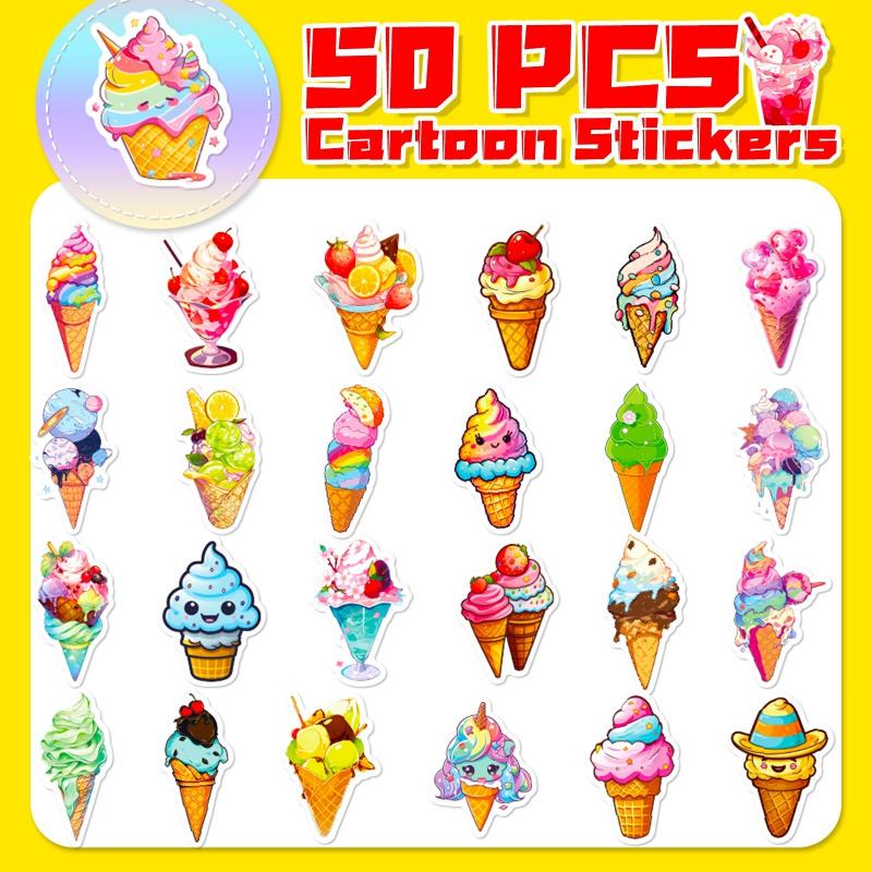 50 sheets colorful ice cream cone stickers, featuring an Instagram-inspired summer theme, showcasing cute designs of chocolate ice cream cones and graffiti-style stickers