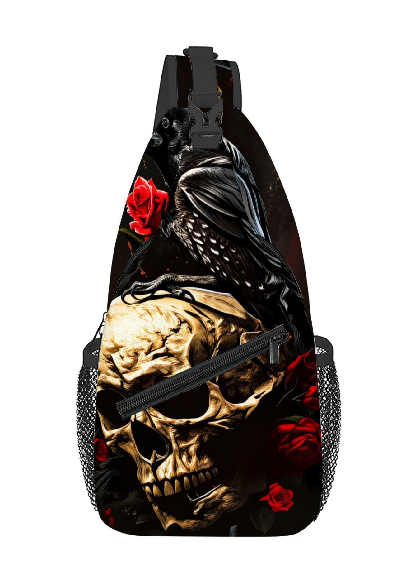 Crow Skull Red Rose Pattern Full-Panel Print Chest Bag Zipper Fanny Pack