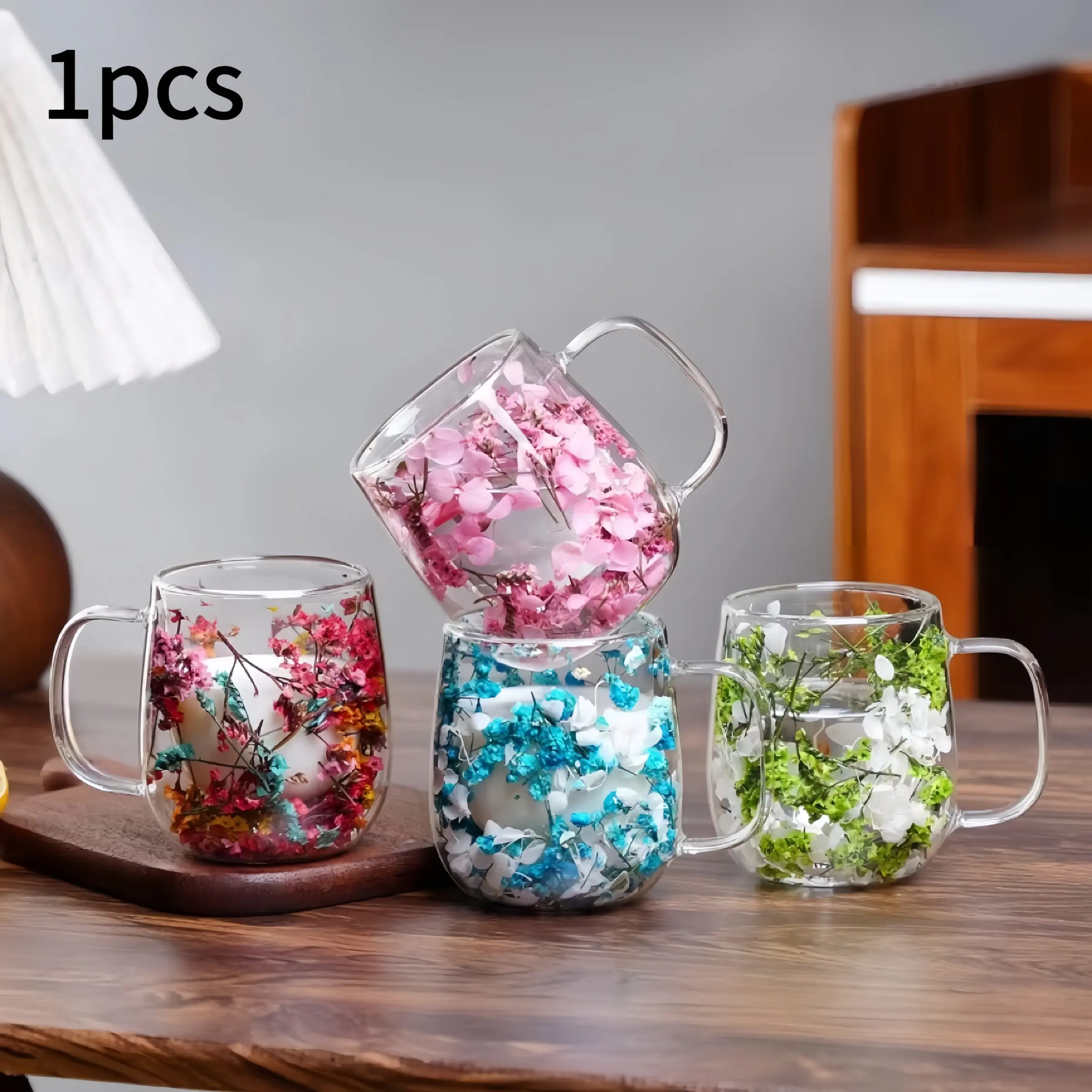 350ML Dual Layer Glass Cup with Handle, High Borosilicate Glass, Reusable Coffee Mug, Floral Pattern, Suitable for Hot and Cold Drinks