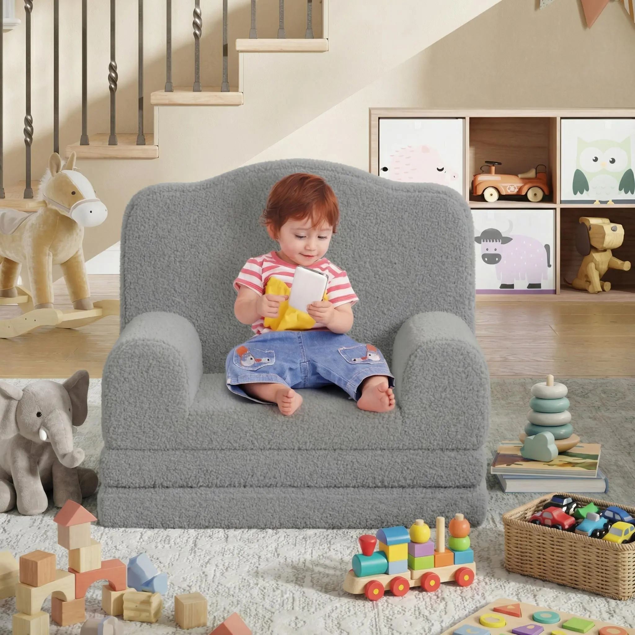 2-in-1 Kids Sofa Bed, Convertible Toddler Couch Chair to Lounger, Plush Baby Sofa with Removable Washable Cover, Foldable Soft Sofa for Playroom Bedroom, Perfect Birthday Gift for Kids