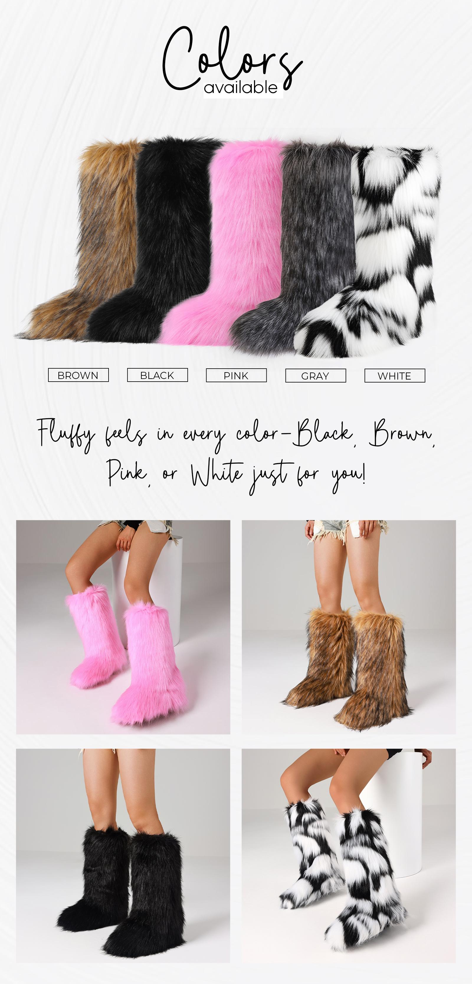 CELNEPHO Winter Boots for Women Round Toe Faux Fur Boots Furry Fluffy Flat Heel Knee High Boots Warm Comfortable Easy Pull on for Snow Skating Outdoor Party Dress Shoes