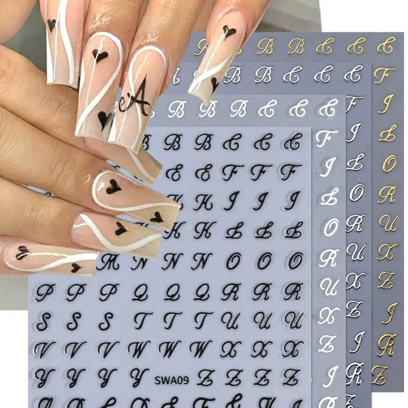 3D Alphabet Nail Stickers 4pcs Black White Gold Silver Gothic Retro Art English Letter Symbol Design Holographic Manicure DIY Decal Slider Nail Art Decoration Transferable Nail Art Diy Nail Look
