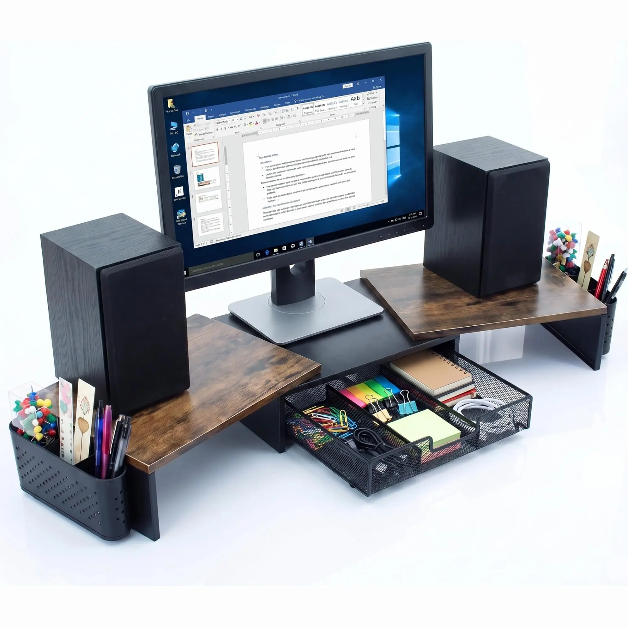 Extendable Dual Monitor Stand Riser designed to enhance workspace ergonomics by providing adjustable height and extendable features for optimal monitor positioning and improved comfort during use.
