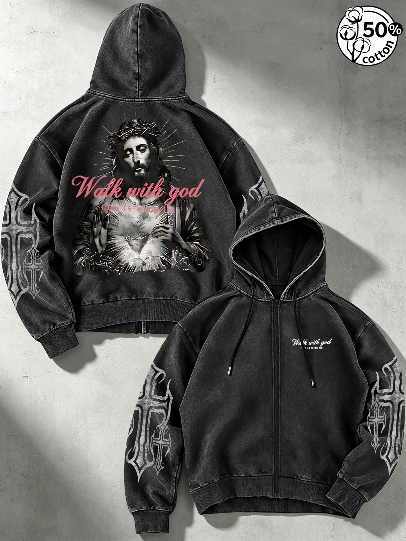 Men's Cotton Full Zip Hoodie, Jesus Heart Print, 'walk with God' Text, Loose-Fit Oversize, Casual Religious Retro Style