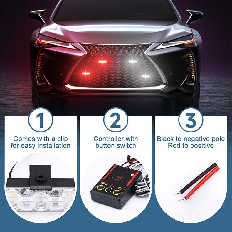 4 in 1 LED Strobe Lights, 12V Multi-Mode Flashing Emergency Grille Light Bar with Controller, Red Blue Amber White Warning Light for Car Truck SUV Off-Road Vehicle