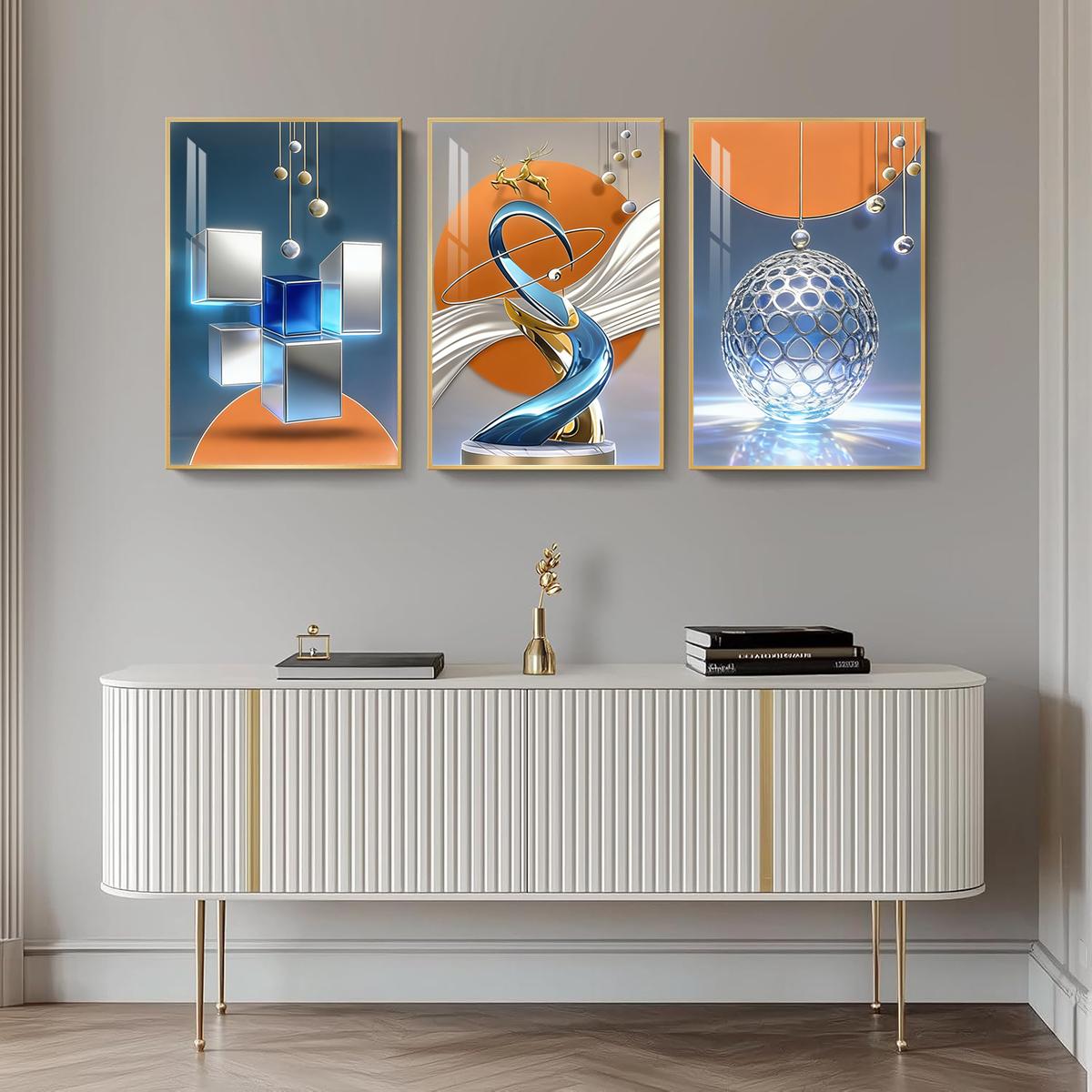 3 Counts Aluminum Alloy Framed Painting, Modern Abstract Geometric Sphere And Cube Art, Home Decoration For Living Room, Bedroom, Office, Restaurant, Hallway Wall Decor, Odorless Print Artwork, Luxury Perfect Gift For Friends And Family