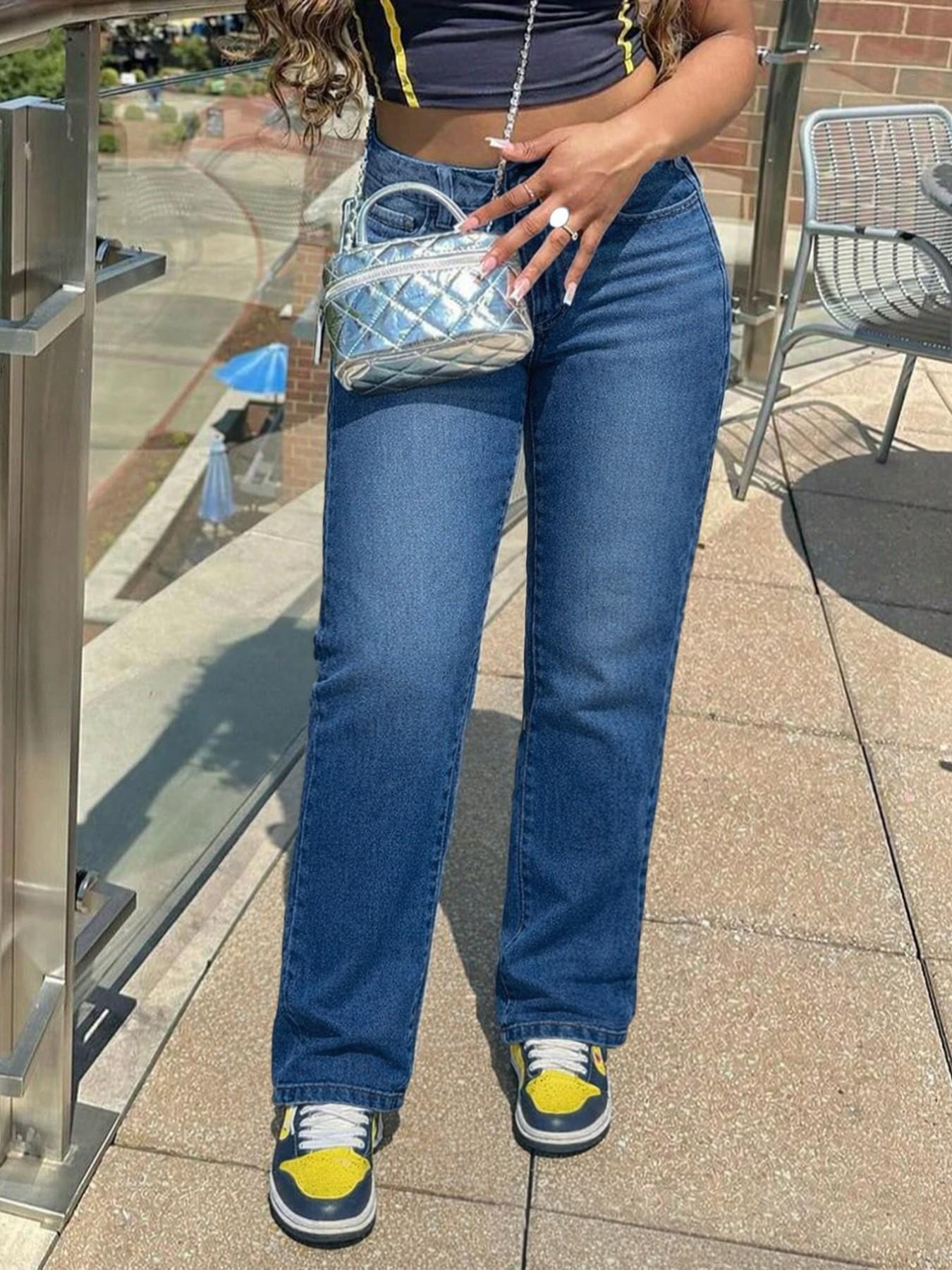 Women's Spring & Fall Fashion Jeans, Washed Blue Elastic Slim Fit Straight Leg Pants, Casual Commuter Denim Trousers