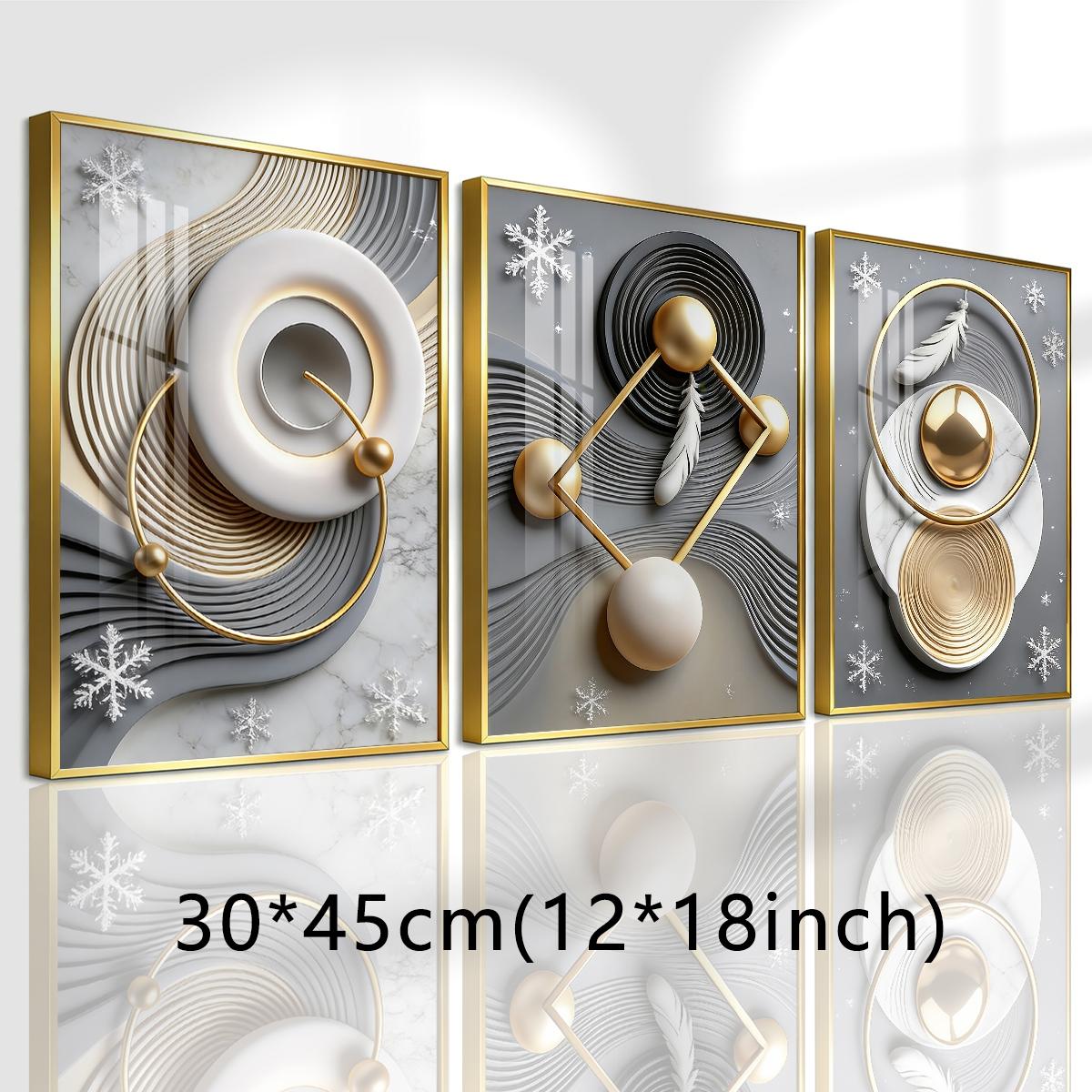 3 Counts Aluminum Alloy Framed Painting, Abstract Geometric Gold Feather Art Pictures, Home Decoration For Living Room, Bedroom, Office, Restaurant, Hallway Wall Decor, Odorless Print Artwork, Luxury Perfect Gift For Friends And Family