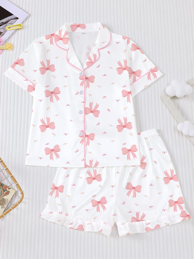Sweet Bow Print Kids Pajama Set, Base Fitted Short Sleeve Top & Elastic Waist Shorts, Casual Home Wear for Girls
