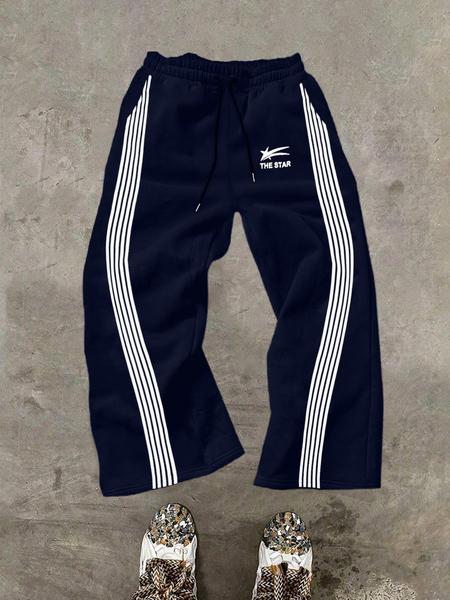 Men's Y2K Street Style Loose-Fit Straight Leg Sweatpants, Athleisure Style Bottoms, with Stripes & the Star Print, Casual Drawstring Waist Pants