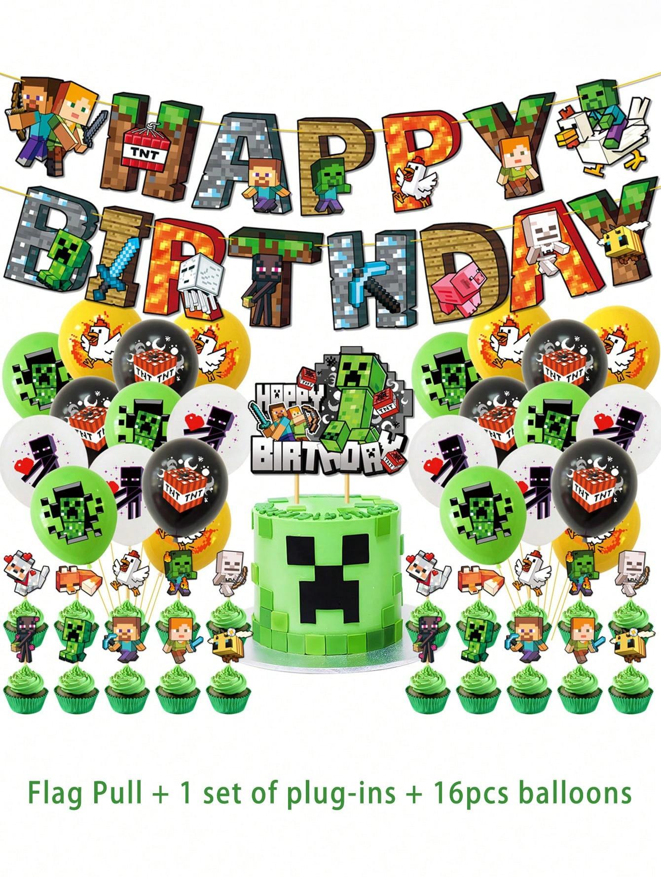 18pcs 26pcs Theme Pixel World Decoration Set, Includes Pull Flags, Plaques, Birthday Party Supplies, Perfect for Christmas Halloween Birthdays