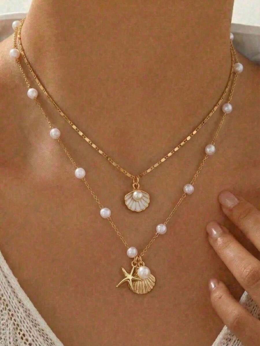 3pcs Summer Bohemian Style Multi-Color Faux Pearl Multi-Layer Necklace Set With Shell Pendant, Suitable For Beach, Travel, Daily Decoration, Outfit Matching, Dating, Party, Holiday Gift For Women